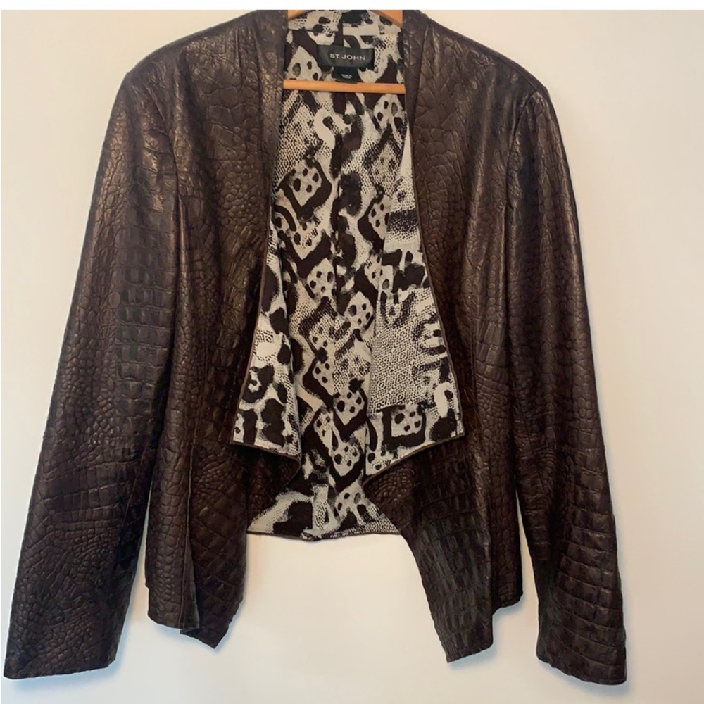 St. John Brown Leather Jacket with Asymmetrical Design